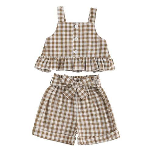Giraropa Toddler Girl Outfits Set Ruffled Button Strap Crop Tops Plaid Shorts Set Matching Bowknot Belt Summer Clothes Set (Coffee, 2-3T) | Amazon (US)