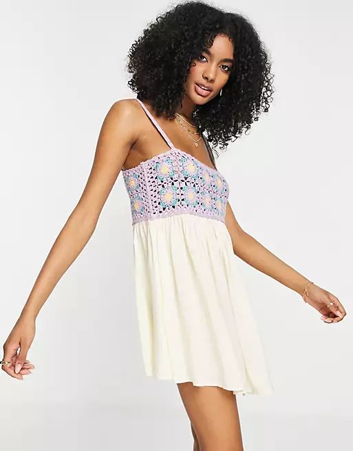 ASOS DESIGN crochet babydoll mini sundress in stone | ASOS (Global)