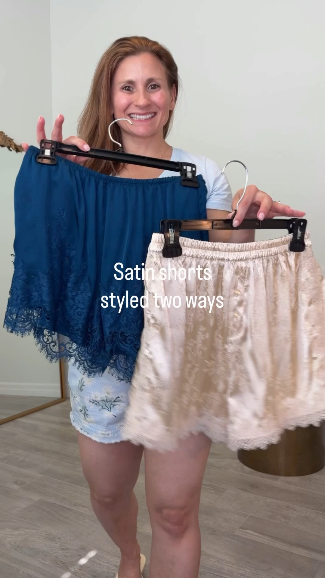 Two soft, feminine ways to style lace‑trim satin shorts for summer.
Look 1: Blue monochrome with the opal satin shorts, ribbed button‑down, and layered blue knits.
Look 2: Cream lace shorts with a mocha fitted top and brown pointed flats for a warm neutral look.
Both petite‑friendly and easy to recreate with neutral pieces even from your closet.

#LTKootd #LTKgrwm #LTKPetite