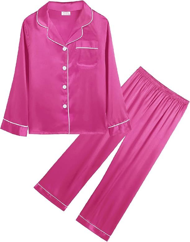 SWOMOG Kid Girls Boys Silk Satin Pajamas Set Button-Down PJs Sets Two-Piece Lounge Sets Long Slee... | Amazon (US)