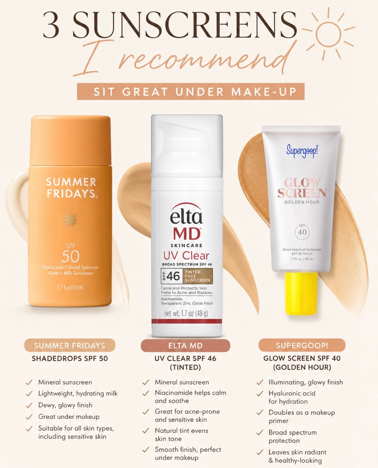 My top picks for sunscreen this summer!  They all sit fantastic under make-up or alone.  EltaMD and Supergoop have a tinted option so it’s easy to wear alone!

#LTKU #LTKOver40 #LTKBeauty
