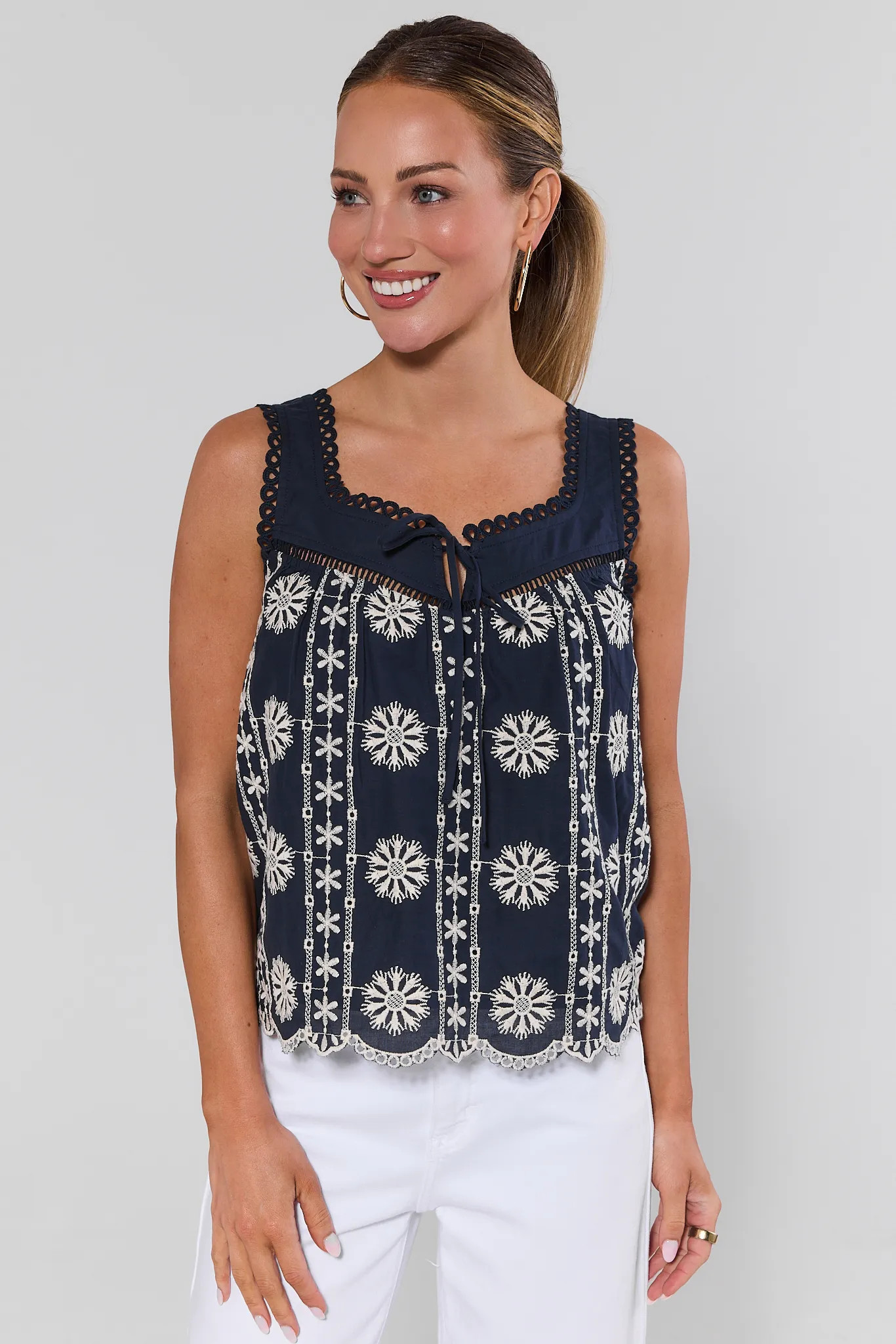 Brianna Navy Embroidered Tank Top | Avara