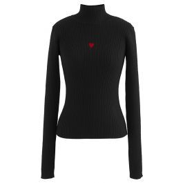 Little Heart High Neck Fitted Knit Top in Black | Chicwish