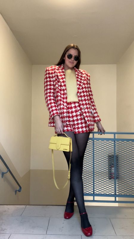Sandro houndstooth red and white blazer and matching shorts, matching set, fall / winter, light yellow sweater, pastel yellow, sheetex tights, prada red Open-Sided Patent Leather Pumps, holiday party shoes, kitten heels, Jacquemus Le Grand Bambino crossbody bag, yellow designer purse, rayban round sunglasses, gold jewelry from Amazon (hoop earrings, rings)

#LTKstyletip #LTKfindsunder100 #LTKfindsunder50