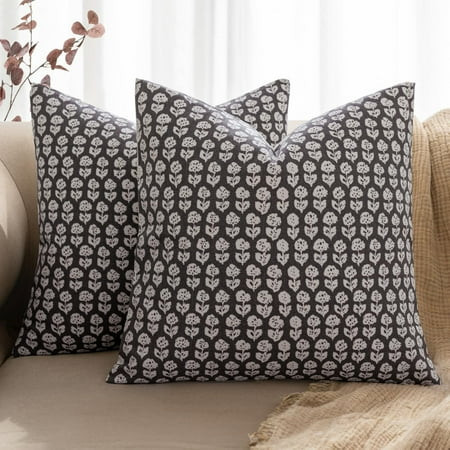 Block Print Pillow Covers 20x20 Inch Set of 2, Vintage Floral Throw Pillow Cases Neutral Linen Farmhouse Cushion Covers for Couch Sofa Bed Chair Living Room, Black | Walmart (US)