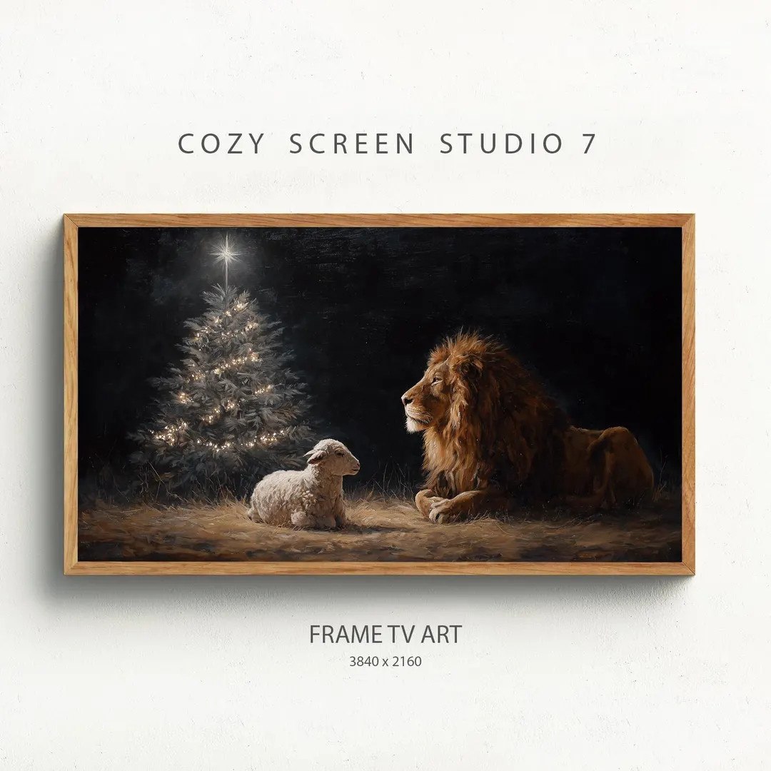 Lion and Lamb Christmas Frame TV Art, Vintage Christian Christmas Painting (digital Download) - E... | Etsy (US)