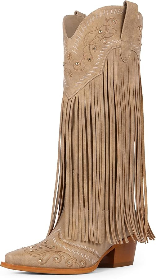 Modatope Cowboy Boots for Women Fringe Knee High Boots Embroidered Cowgirl Western Pointed Toe Ch... | Amazon (US)