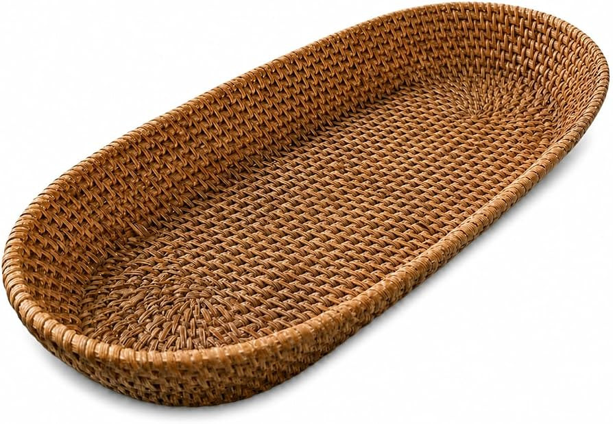 i-lan 17-Inch Long Wicker Basket Tray, Oval Bread Server, Honey Brown | Amazon (US)