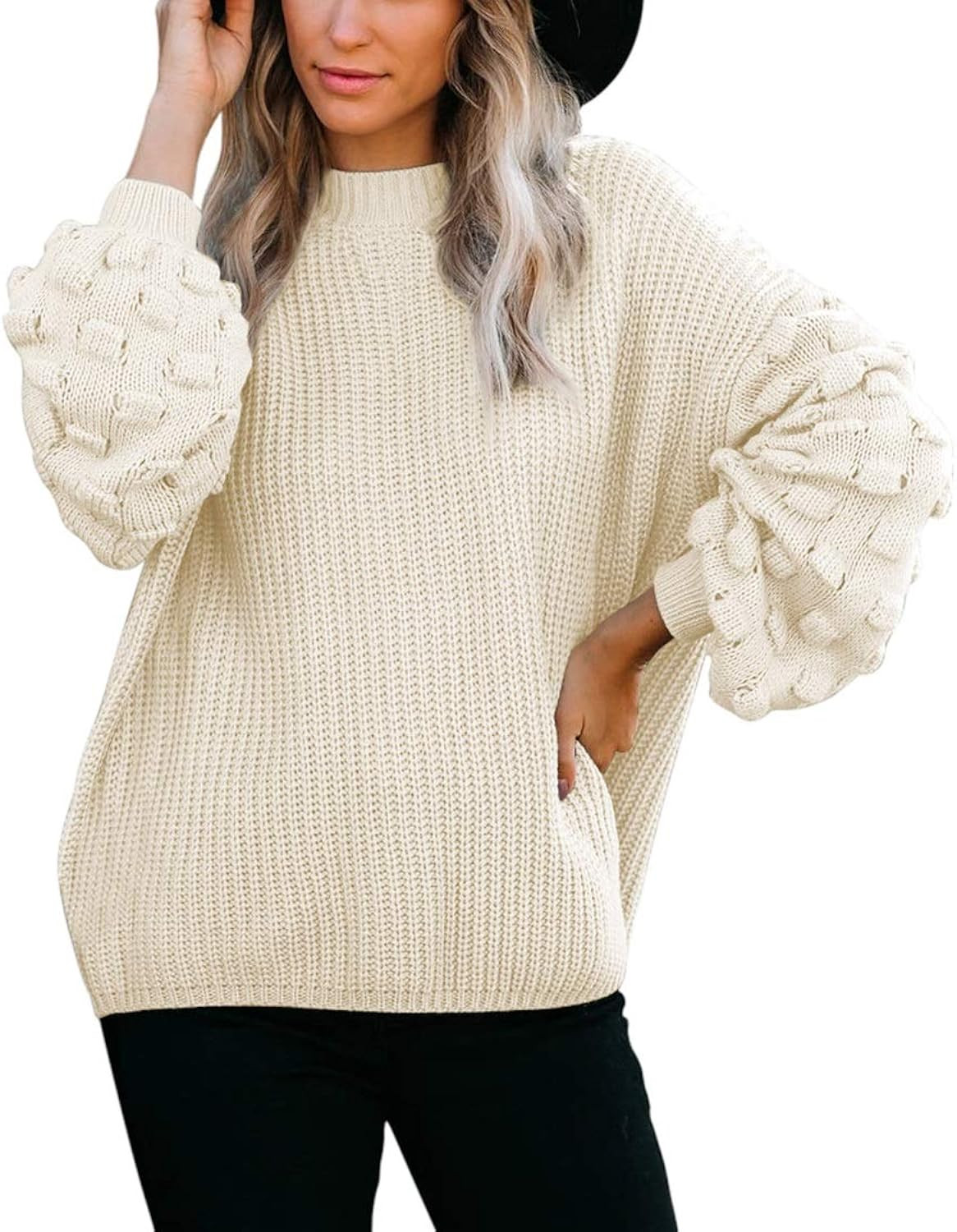 Sovoyontee Women's Cute Oversized Crewneck Loose Puff Sleeves Chunky Knit Pullover Sweater | Amazon (US)