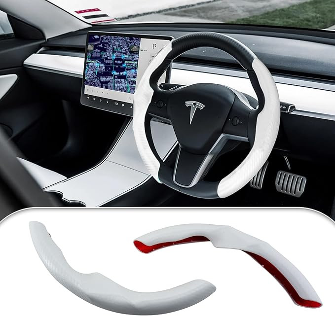 CusDusk White Carbon Fiber Steering Wheel Cover for Tesla Model 3 2017-2023 and Model Y 2020-2023... | Amazon (US)