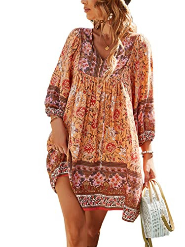 TEMOFON Womens Summer Dresses 2025 Short Sleeve Floral Boho Mini Casual Beach Vacation Dresses Orange M | Amazon (US)
