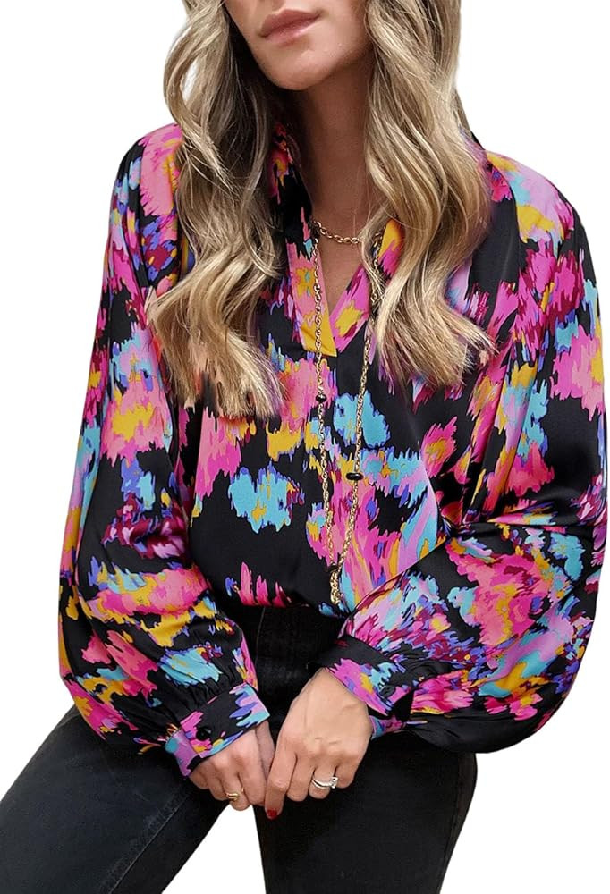 EVALESS Womens Casual Boho Abstract Print Lapel V Neck Lantern Long Sleeve Satin Loose Tops Blous... | Amazon (US)