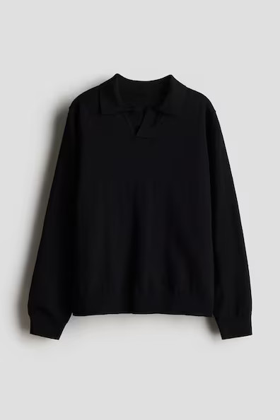 H & M - Fine-Knit Polo Sweater - Black | H&M (US + CA)