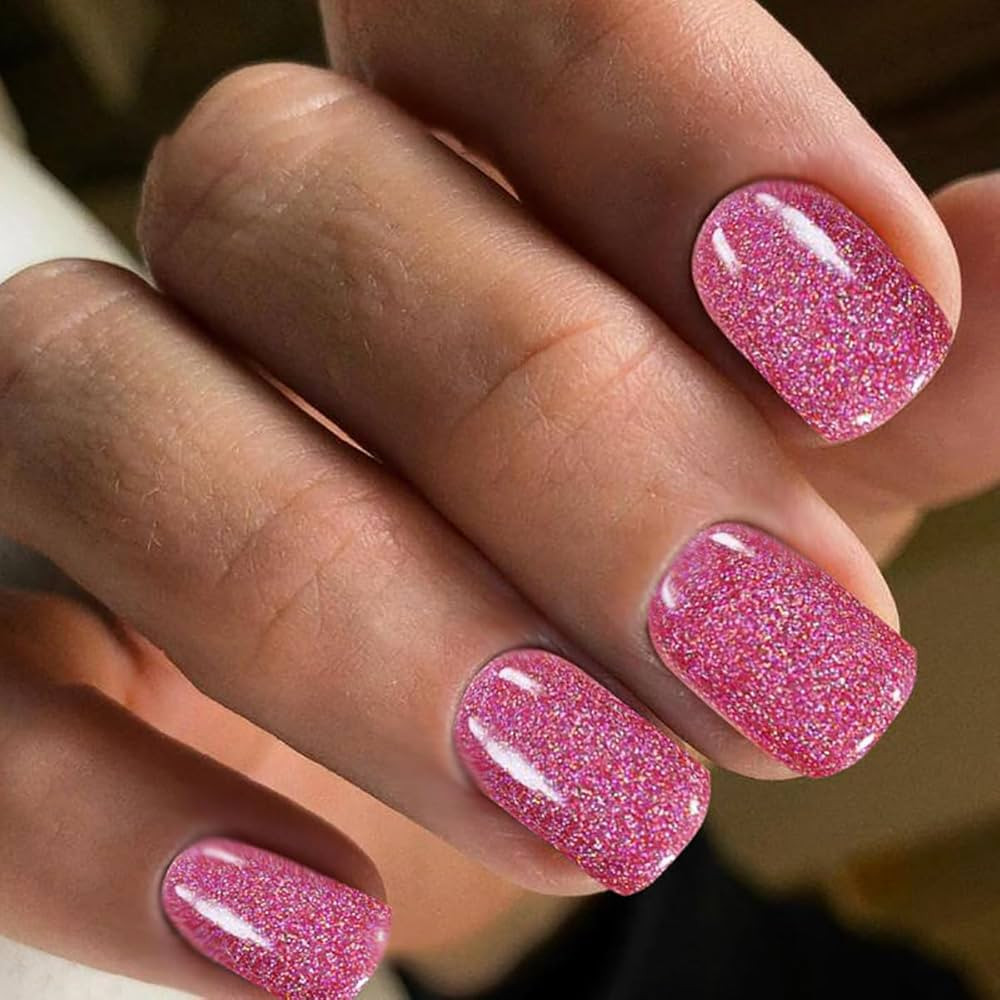 Pink Glitter Press On Nails Short Square Fake Nails Gel Finish Bling Acrylic Nails Kits Glossy St... | Amazon (US)