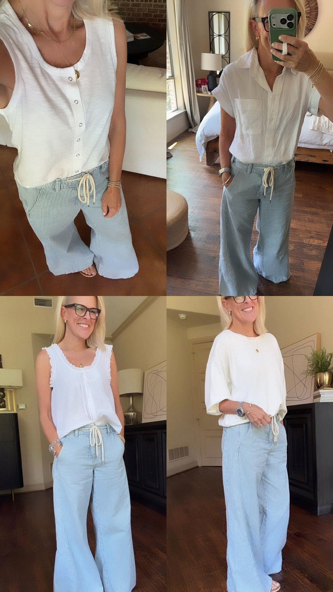 Pinstripe pants that are so cute & comfy 
Fit tts. Wearing small 
Paired with different tops

#LTKgrwm #LTKmomlife #LTKOver40