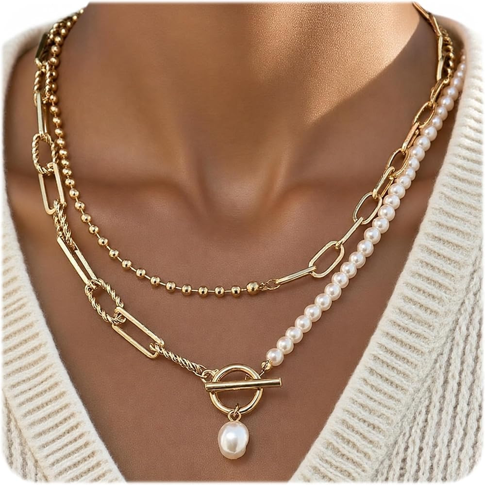 Gold Layered Pearl Chain Necklace for Women, 14K Gold Plated Pearl Link Toggle Clasp Stackable Ne... | Amazon (US)