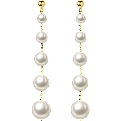 SLUYNZ Sterling Silver Pearl Earrings Dangle for Women Wedding Pearl Dangling Earrings Ball Studs (B-Gold) | Amazon (US)