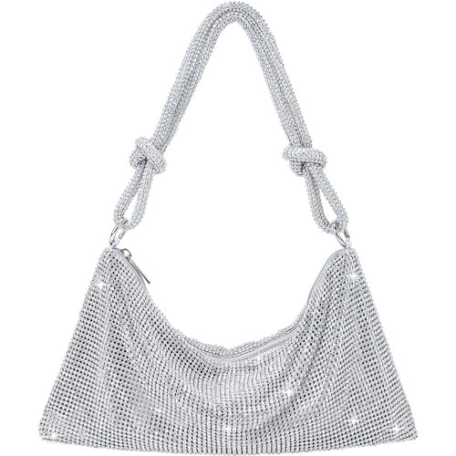MUVKE Rhinestone Purse Sparkly Evening bag Silver Diamond Clutch for Women, Evening Prom Rhinestone Handbag Hobo Bag for Party Club Wedding (Silver-L) | Amazon (US)