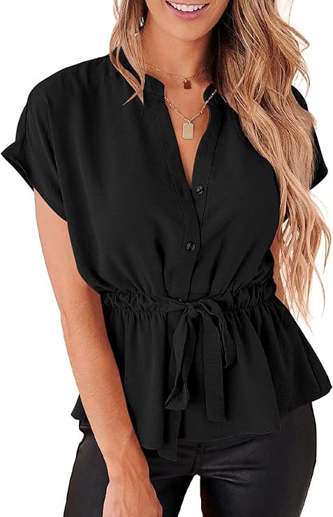 Womens Button Down Chiffon Blouses Casual Peplum Summer Tops Dressy Henley Shirts | Amazon (US)