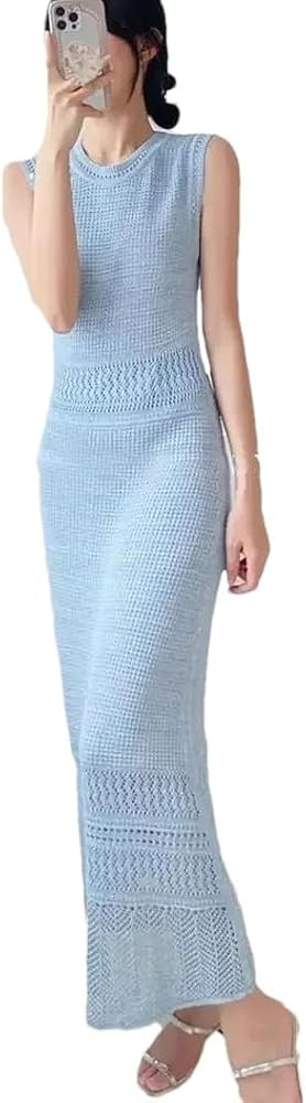 Women Hollow Out Blue Sleeveless Knitted Vest Dress Women's Slim Fit Round Neck Dress | Amazon (US)