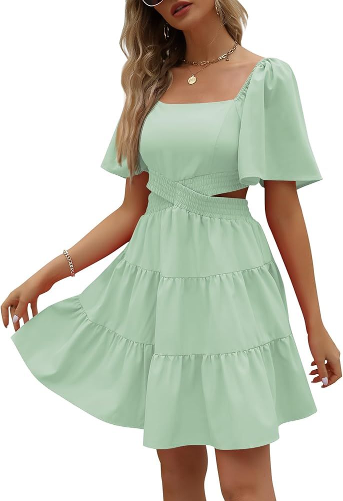 LILLUSORY Womens 2024 Summer Cutout Mini Dresses Short Sleeve Square Neck Crossover Waist Dress | Amazon (US)