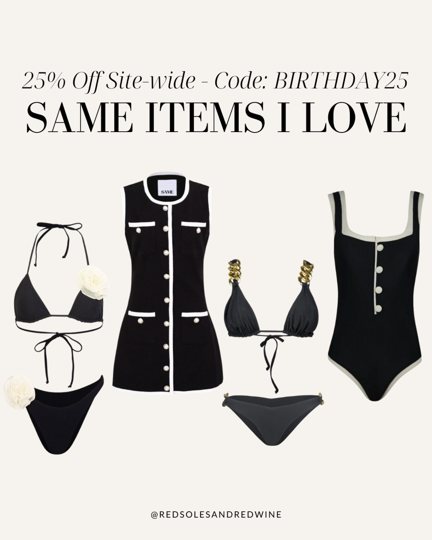 SAME site wide sale! 25% off with code BIRTHDAYLOVE25 

Swimsuits, dresses, preppy style, old money style, rosette swimsuits, chain bikini, black swimsuit 

#LTKsalealert #LTKswim #LTKstyletip