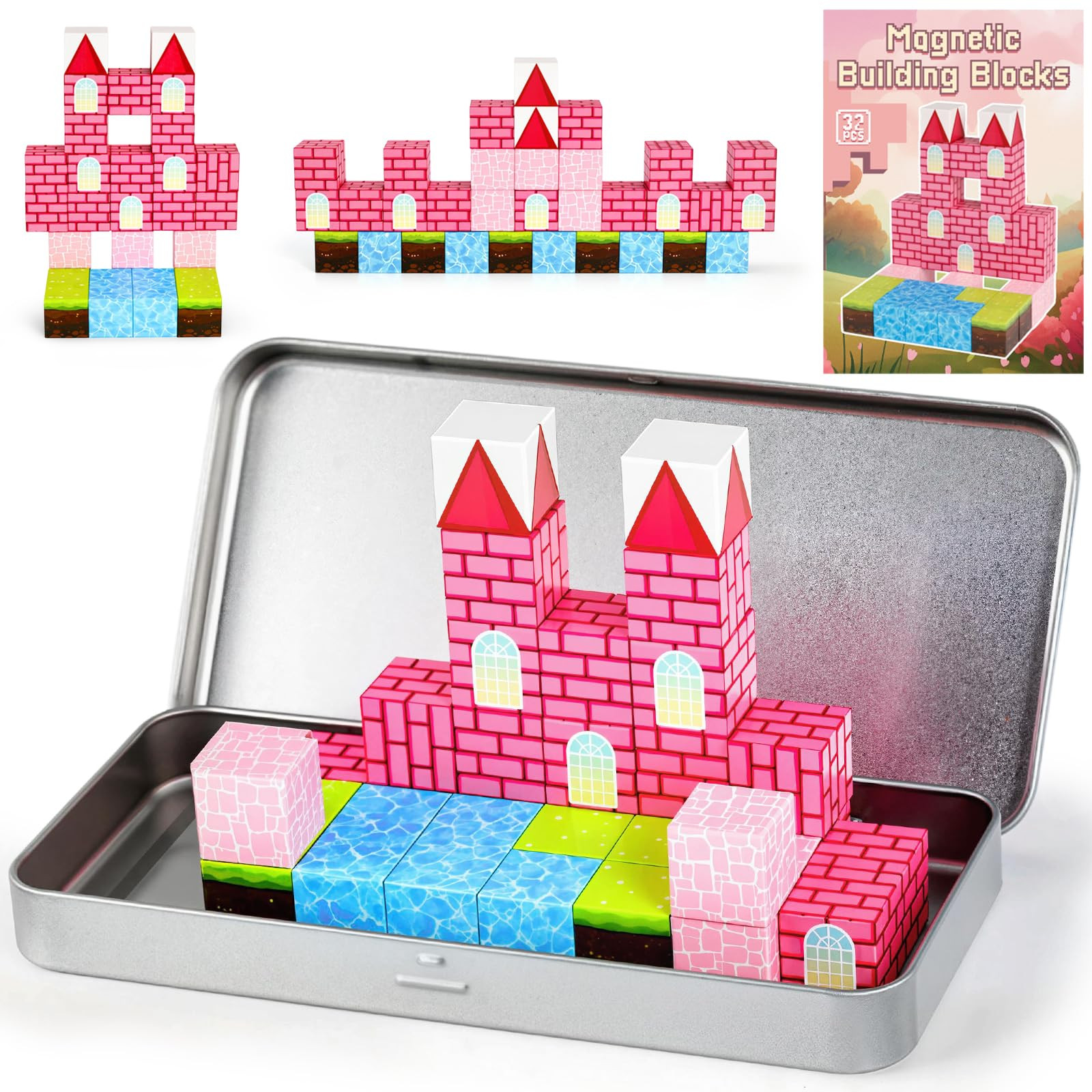 3 otters 32PCS Magnetic Blocks, Toddler Travel Toys Castle Magnetic Building Cubes STEM Learning ... | Amazon (US)