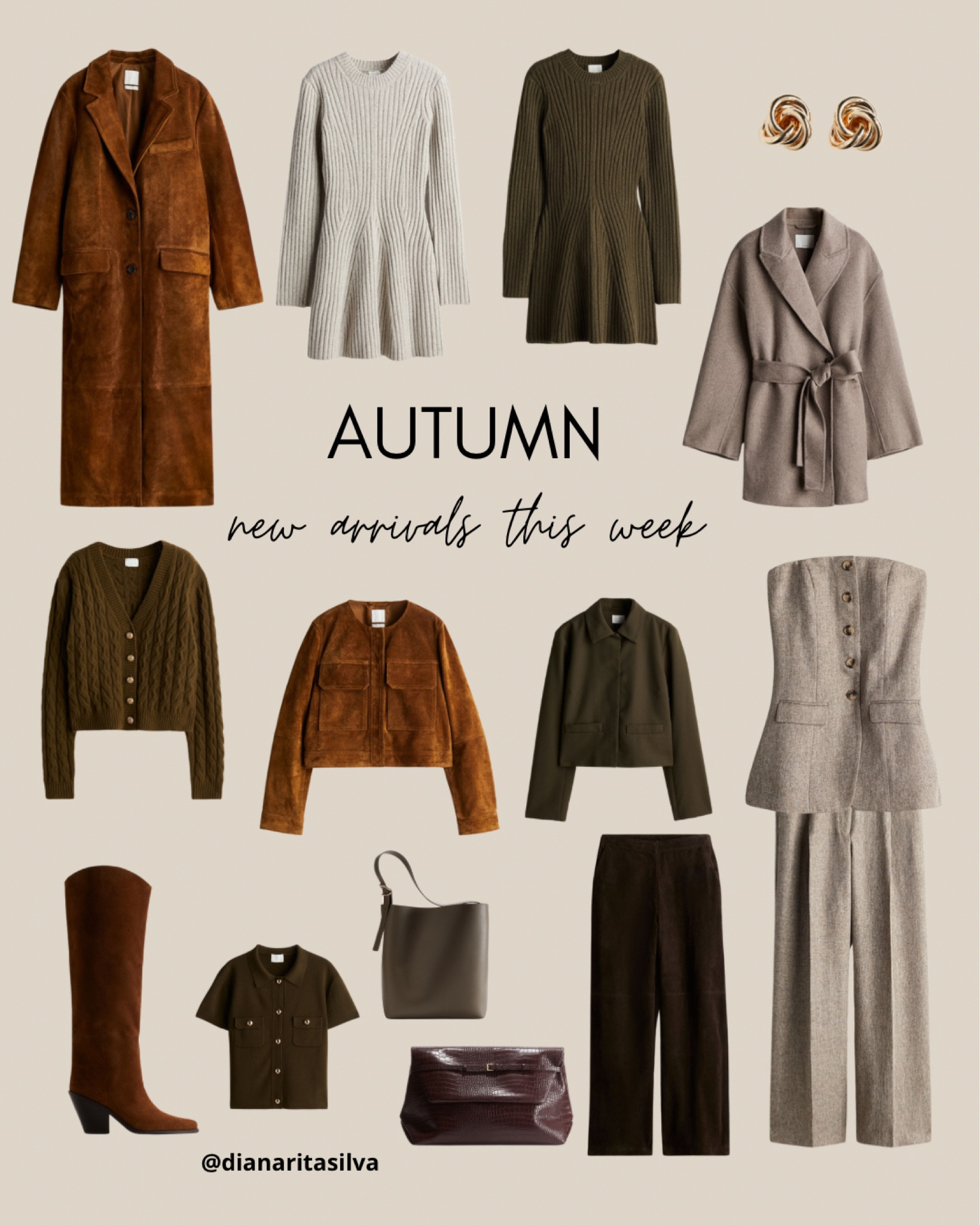New arrivals at H&M 🤍 
 Fall autumn outfit, suede jacket, leather jacket, suede coat,suede trousers, burgundy bag, green khaki bag, taupe coat, camel boots, dress taupe, knitwear dress, taupe top 

#LTKStyleTip #LTKSeasonal #LTKWorkwear