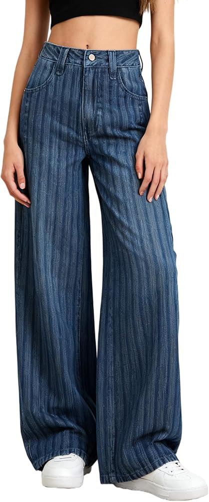 Women's Striped Jeans Mid Rise Barrel Baggy Jeans 90S Vintage Wide Leg Casual Denim Pants | Amazon (US)
