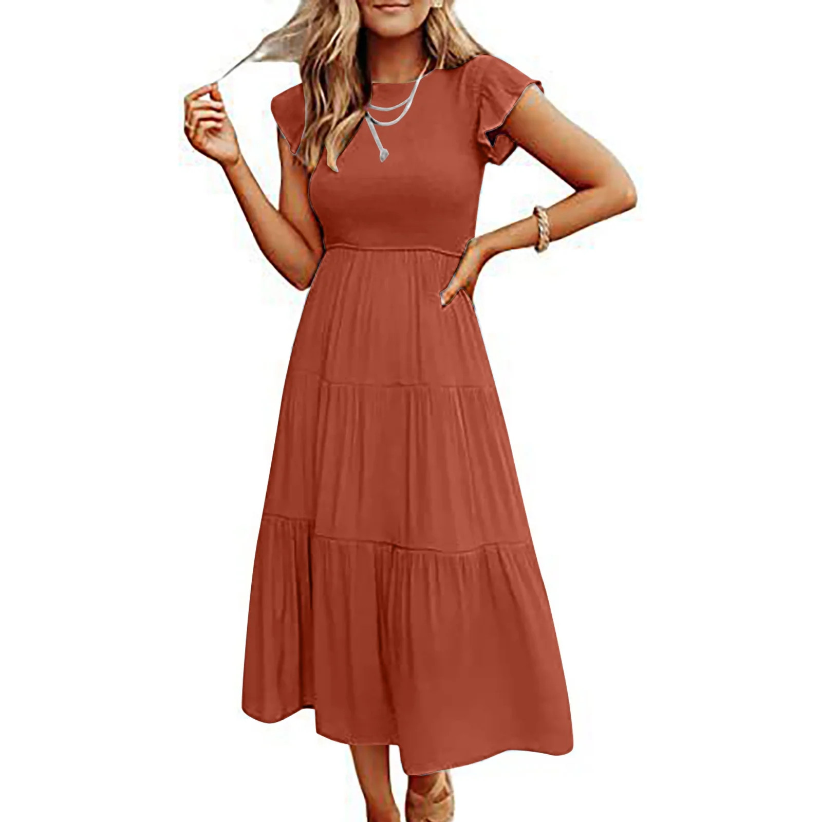 Womens Summer Casual Smocked Long Dress Flutter Ruffle Sleeve Crew Neck Elastic Waist Tiered Swin... | Walmart (US)