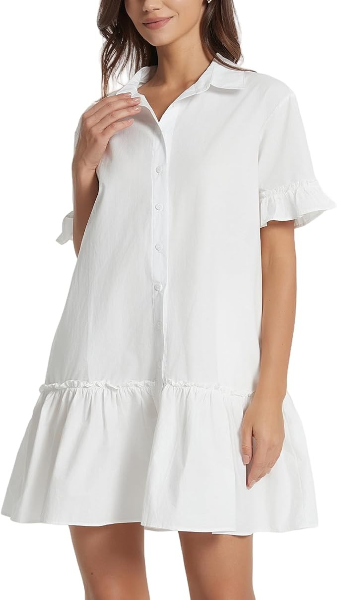 Women's Ruffle Short Sleeve Button Up Mini Dress Cotton Drop Waist Tunic Shirt Dress | Amazon (US)