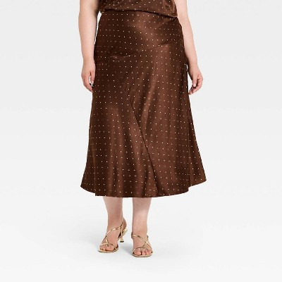 Women's Satin Midi Slip Skirt - A New Day™ Brown Dot 4X | Target