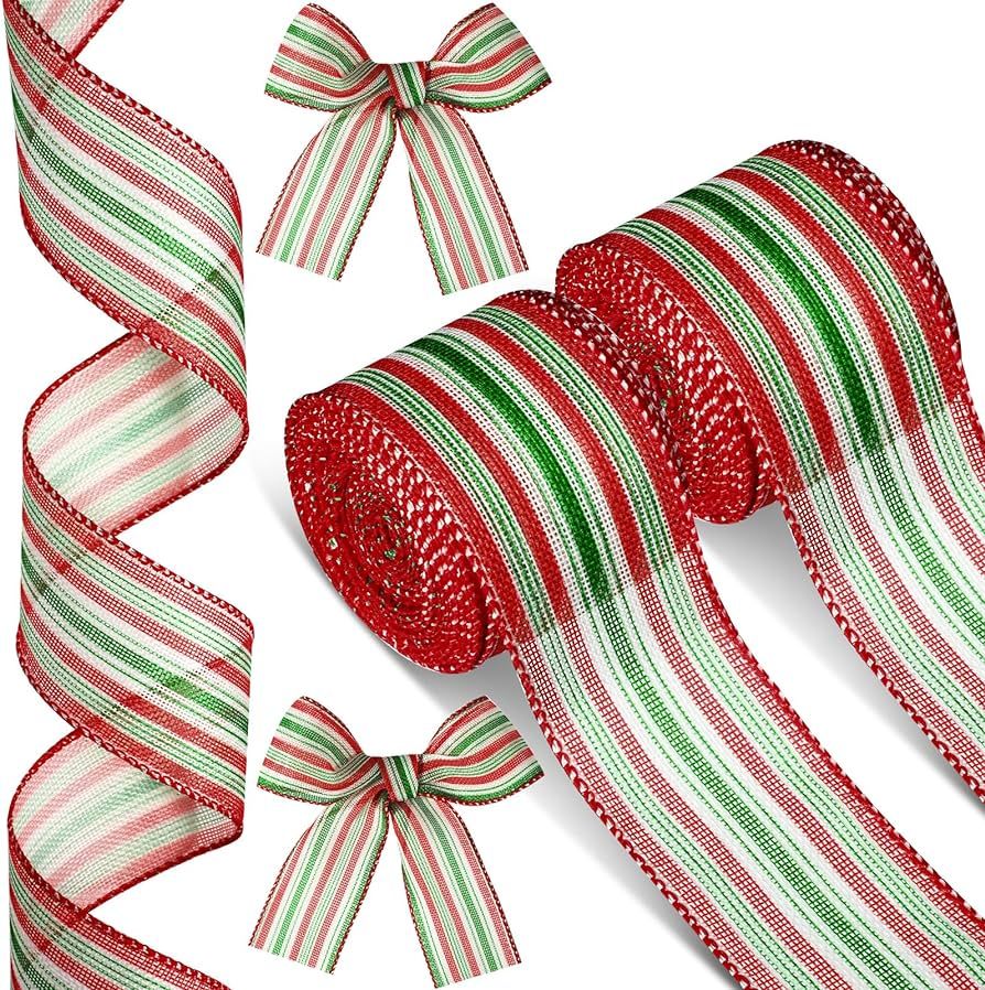 Lyrow 2 Rolls Christmas Stripes Wired Ribbon Red Green and White Stripe Ribbon 20 Yard x 2.5 Inch... | Amazon (US)