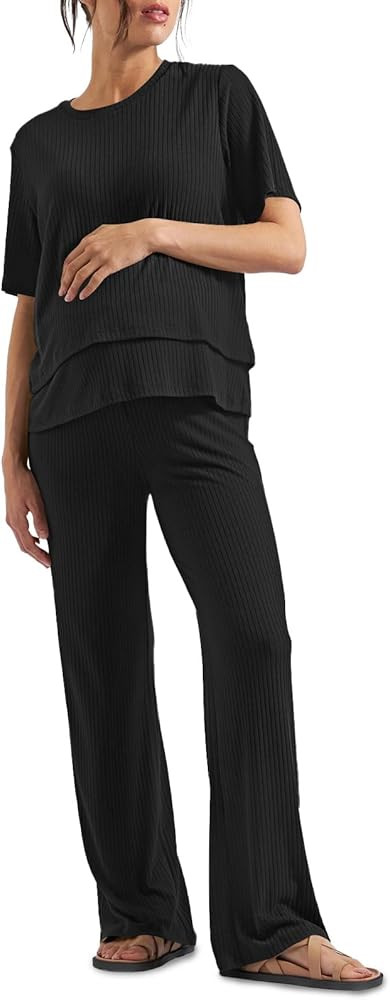 Tankaneo Womens Postpartum Maternity Pajamas 2 Piece Sets Rib Short Sleeve Nursing Tops and Elast... | Amazon (US)