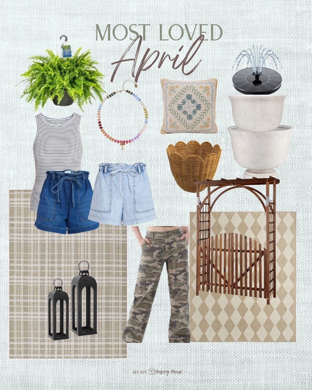 Aprils most loved and best sellers …

•Boston ferns (2 for $20)
•look for less beaded necklace 
•planters
•solar fountain
•garden arbor with gate 
•high neck tank (under $5)
•scallop edge basket 
•outdoor rugs 
•lanterns 
•paperbag waist shorts
•cargo pants (three lengths)

#LTKSeasonal #LTKPetite #LTKHome