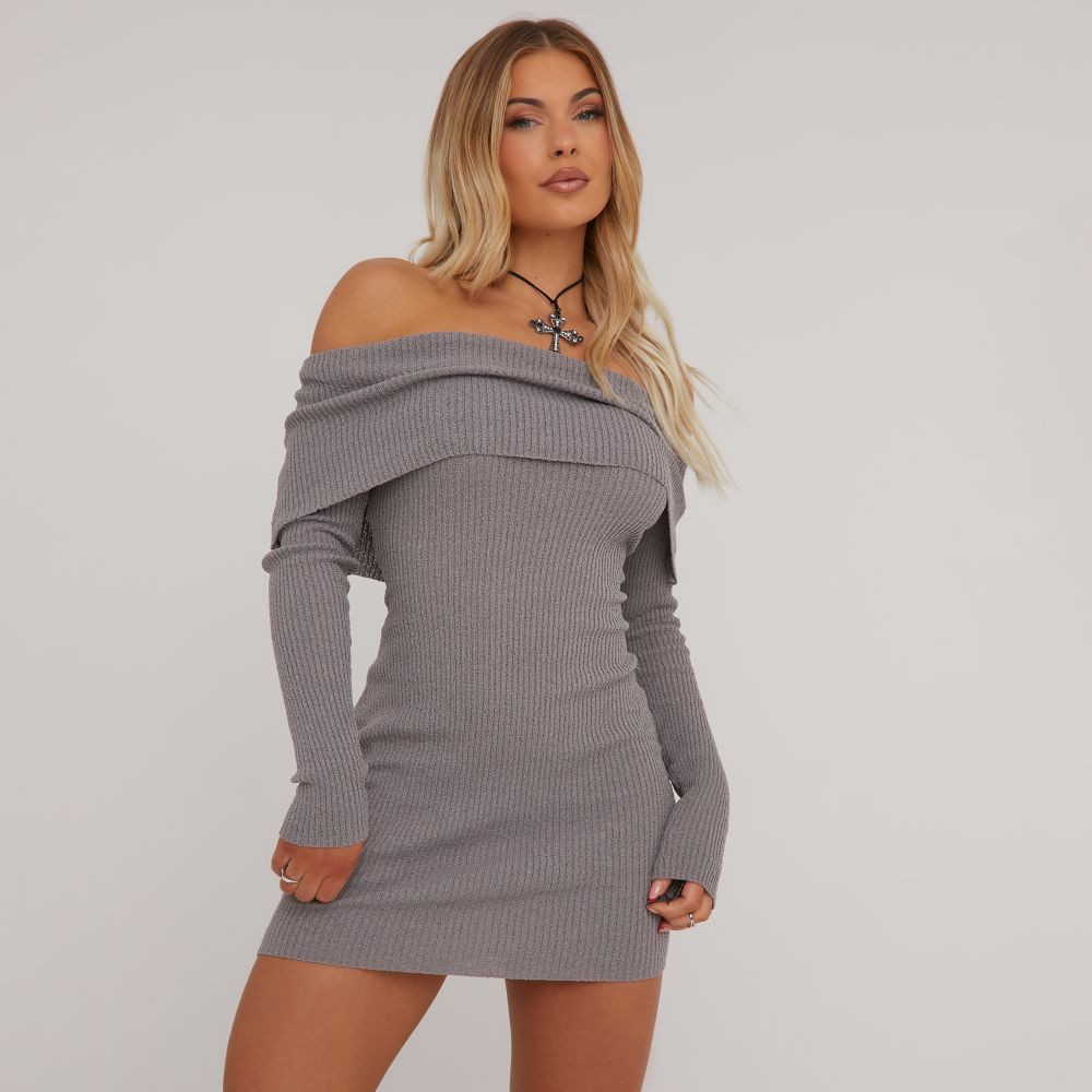 Fold Over Bardot Mini Bodycon Dress In Grey Rib Knit | EGO (UK)
