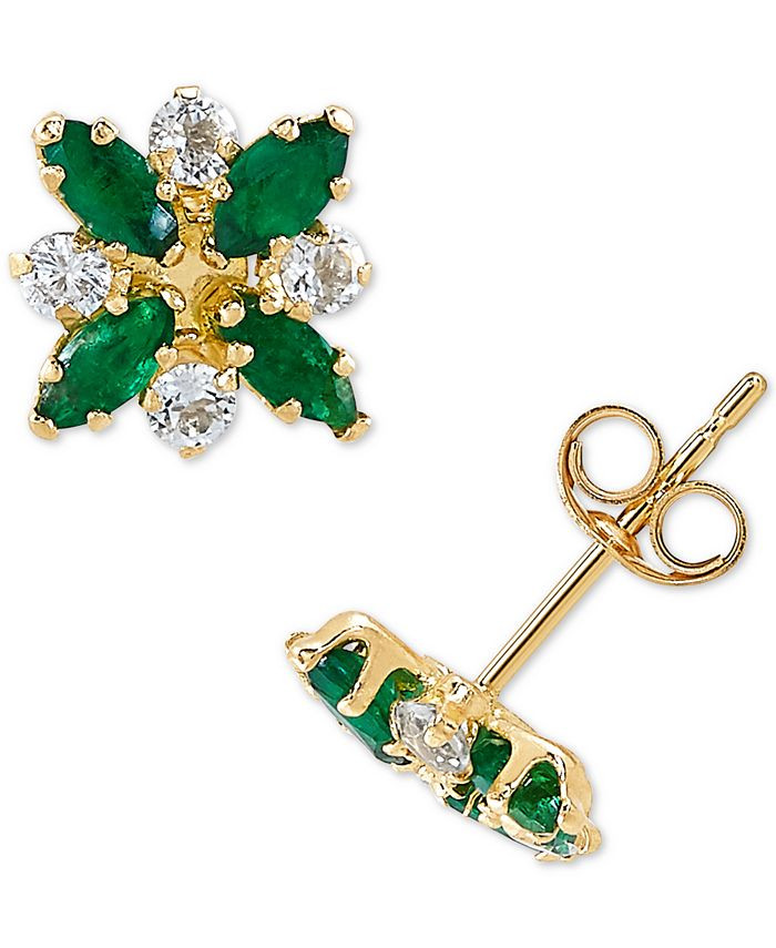 Emerald (3/4 ct. t.w.) & White Topaz (1/3 ct. t.w.) Flower Stud Earrings in 10k Gold | Macys (US)