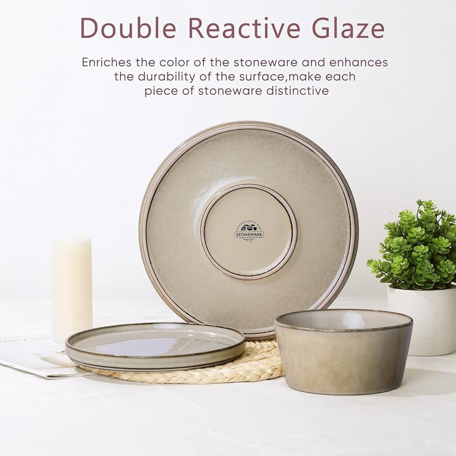 Herogo Stoneware Plates and Bowls Sets for 4, 12 Pieces Modern Dinnerware, Reactive Glaze Dishes ... | Amazon (US)