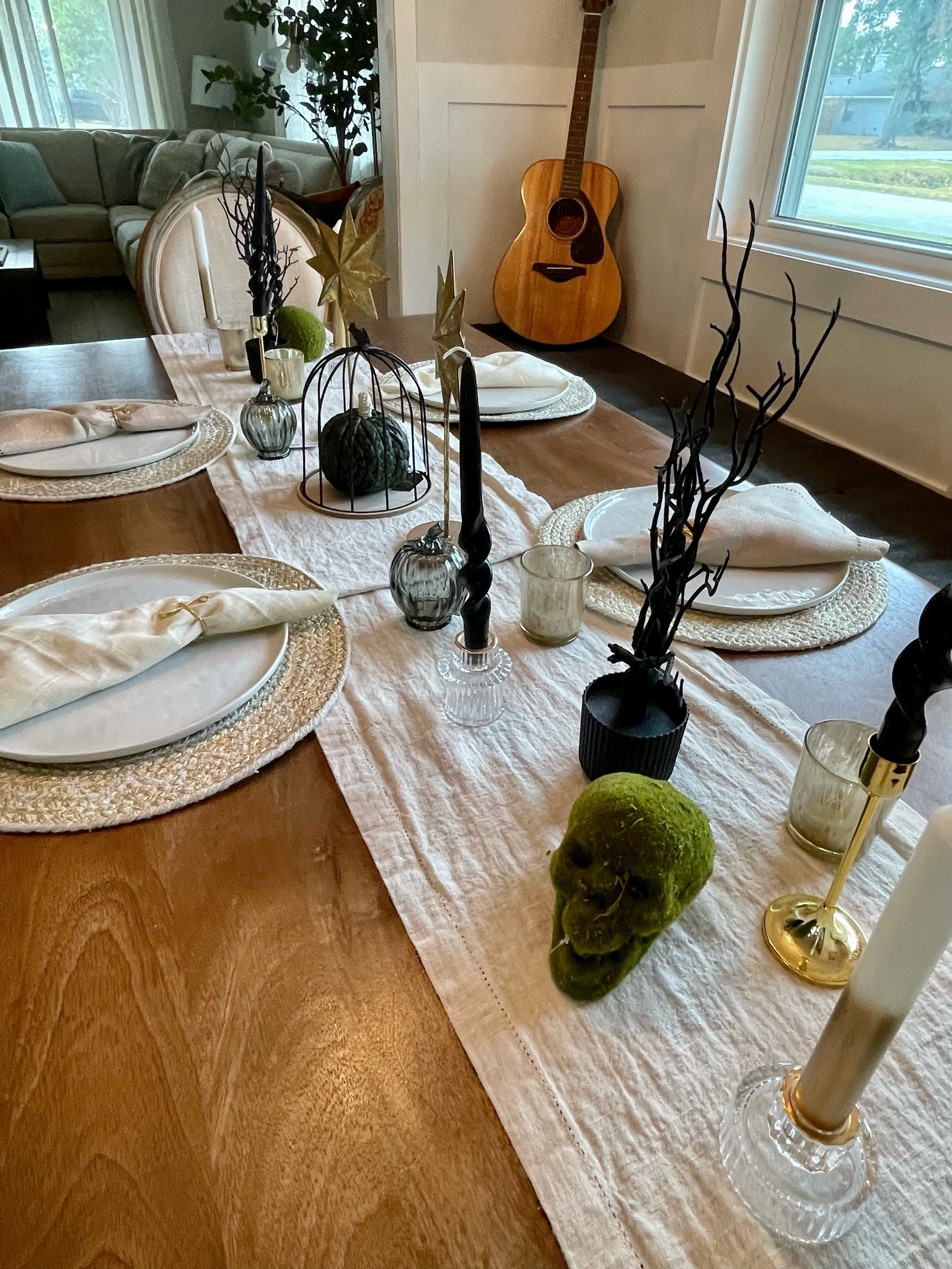 Fall tablescape • Halloween tablescape • bats • black and white themed tablescape • Halloween skulls gold • Halloween decor

#LTKHalloween #LTKhome