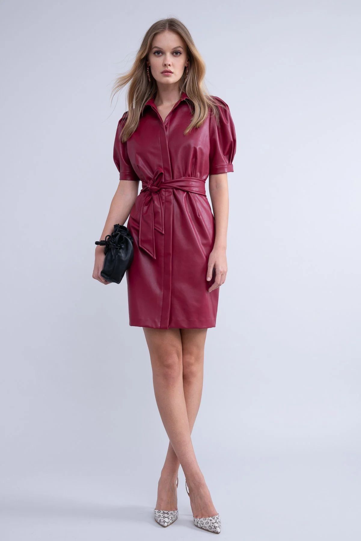 Puff Sleeve Vegan Leather Dress - Red | Rachel Parcell