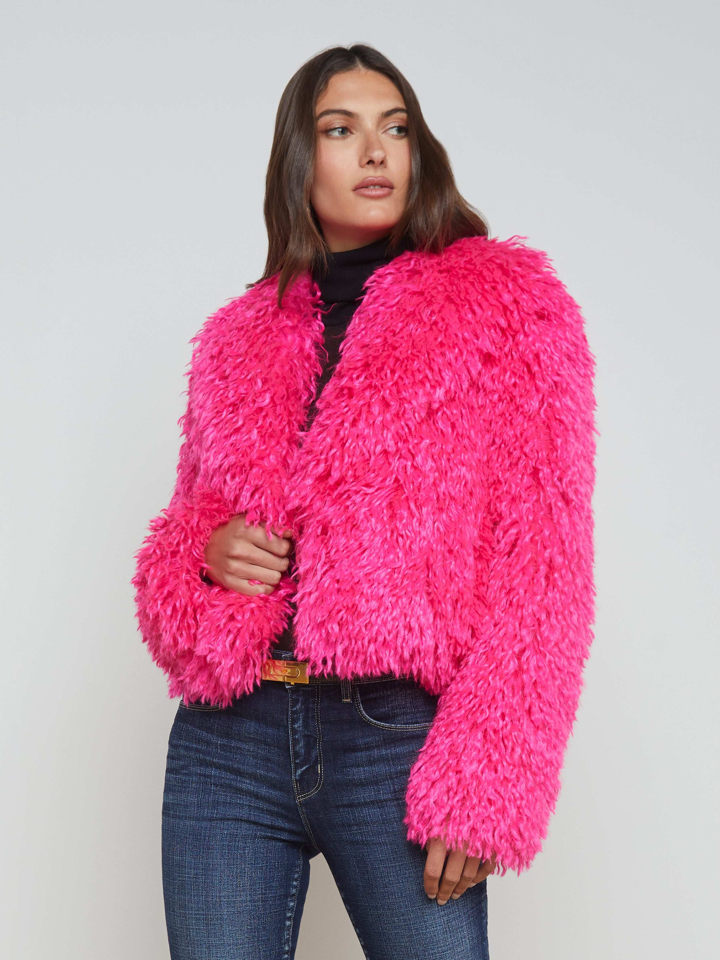 L'AGENCE - Davy Faux Fur Jacket in Hot Pink | L'Agence