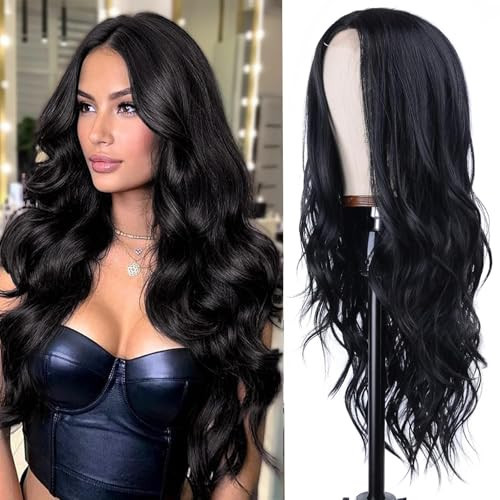 Black Long Wave Wig for Women -26inch Middle Part Long Curly Wig Heat Resistant Synthetic Hair Looking Natural, Fiber Wig for Daily Party Use | Amazon (US)
