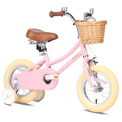 Petimini 14 Inch Little Kids Bike for Age 3 4 5 Years Old Girls Retro Vintage Style Bicycles with Basket Training Wheels and Bell, Pink | Amazon (US)