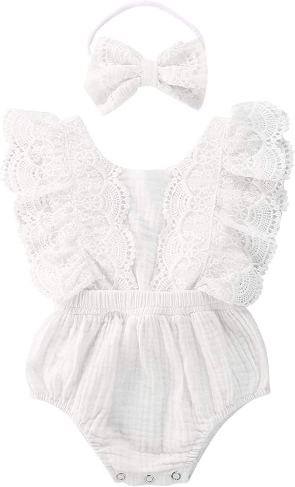 Infant Baby Girl Lace Rompers V-Back Bowknot Bodysuit Cute Newborn Ruffle Clothes White | Amazon (US)