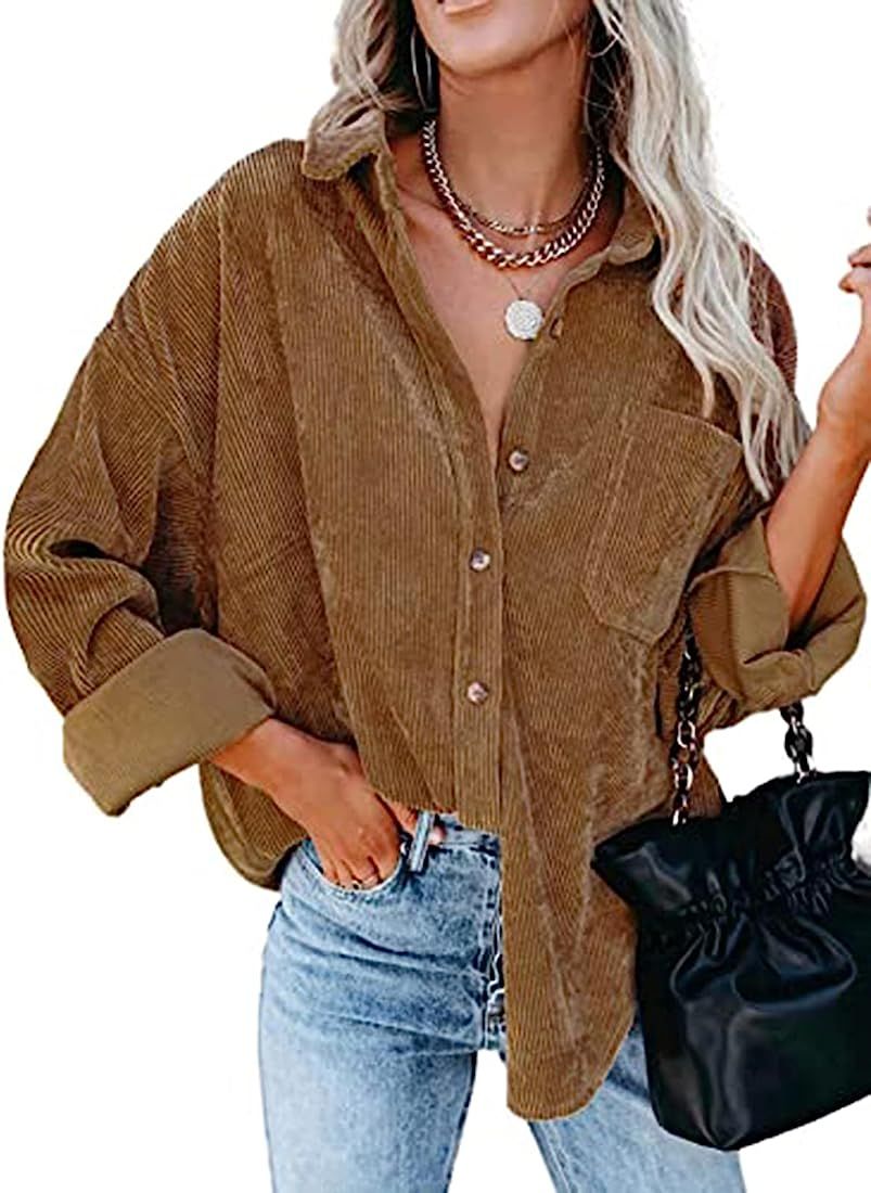Sweezarmo Women's Long Sleeve Corduroy Shirts Casual Button Down Blouses Oversized Tops with Pockets | Amazon (US)