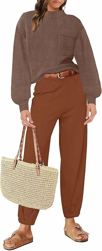 Women's 2 Piece Outfits Sweater Set Long Sleeve Mock Neck Knit Pullover Top High Waist Pant Track... | Amazon (US)