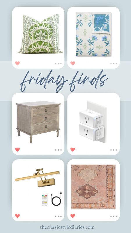 Friday finds. Chappy wraps collection with Pepper Home is so perfect. Perfect gift for anyone. These Amazon side tables are almost exact replicas of the Restoration Hardware Maison collection. Smart outlets. Battery rechargeable brass sconce. And this cute vintage-look rug is a great price. #pinkrug #restorationhardware #brasssconce #pepperhome #thibautpillow 

#LTKhome #LTKsalealert #LTKfindsunder50