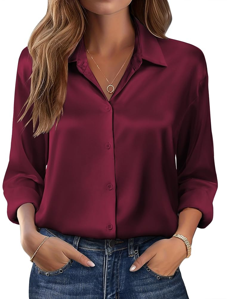 Zeagoo Womens Tops Long Sleeve Satin Silk Button Down Shirts Casual Business Dressy Blouses Fall ... | Amazon (US)