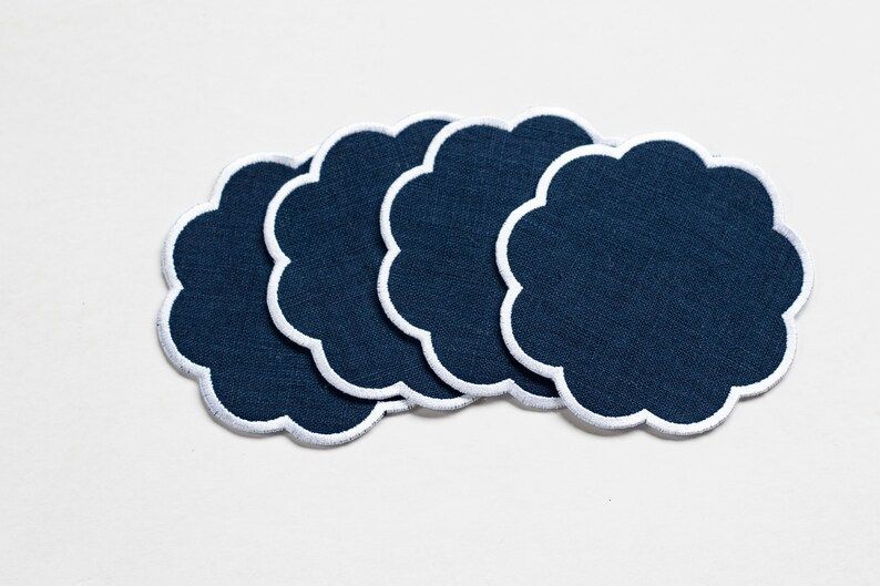 Blue linen coasters with scalloped edge Cocktail napkins Set | Etsy | Etsy (US)