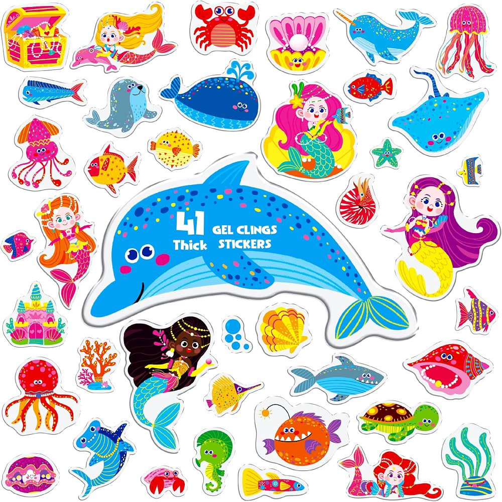 41PCS Marine World Gel Clings Decals Stickers, Mermaid and Ocean Creatures Thick Window Door Deco... | Amazon (US)